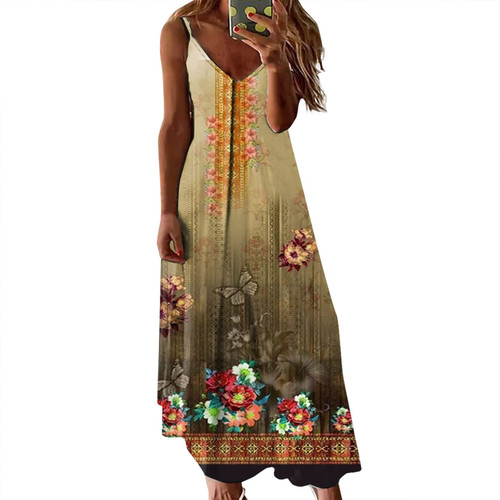 Women's Casual A-Line Dress Beach Boho Sleeveless Vintage Floral Dress Summer Beach Sun Dress Maxi Dress Khaki