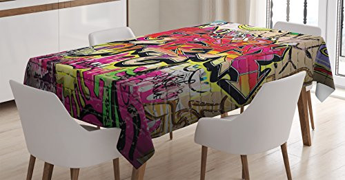 Ambesonne Rustic Home Decor Tablecloth, Graffiti on Wall Urban Street Art with Spray Paint Tagger Underground Theme, Dining Room Kitchen Rectangular Table Cover, 60W X 90L inches, Multi Ambesonne Rustic Home Decor Tablecloth, Graffiti on Wall Urban Street Art with Spray Paint Tagger Underground Theme, Dining Room Kitchen Rectangular Table Cover, 60W X 90L inches, Multi