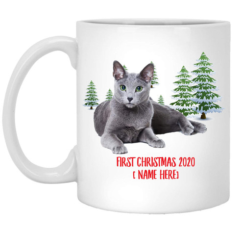 Personalized Name Custom Year Russian Blue Cat Slate Gray First Christmas 2023 Gifts New Years 2024 Decorations Winter Coffee Mug Ceramic White 11 oz