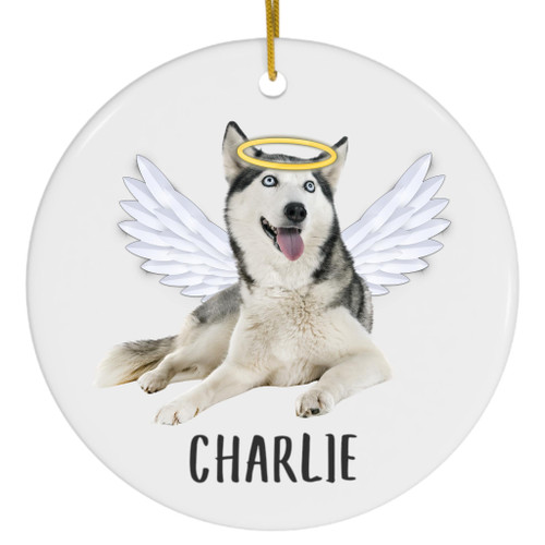 Gray White Siberian Husky Angel Wings Memorial Personalized Christmas Ornaments 2023 Circle White Ceramic Puppy Owner Gifts