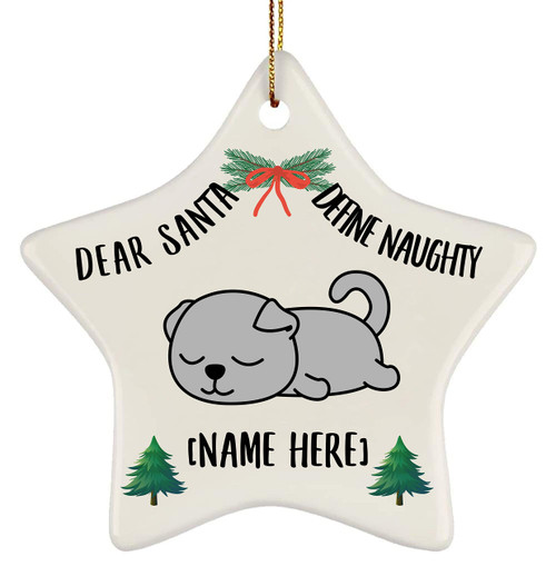 Personalized Name Scottish Fold Cat Gray Lazy 2023 Christmas Tree Ornaments Gifts Dear Santa Define Naughty Star Ceramic Hanging Holiday Decorations
