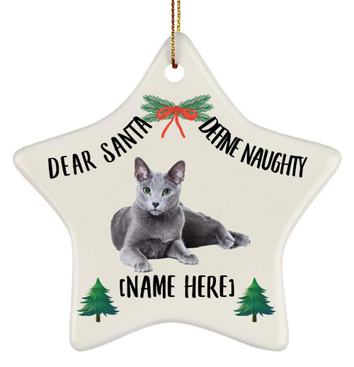 Personalized Name Russian Blue Cat Slate Gray 2023 Christmas Tree Ornaments Gifts Dear Santa Define Naughty Star Ceramic Hanging Holiday Decorations