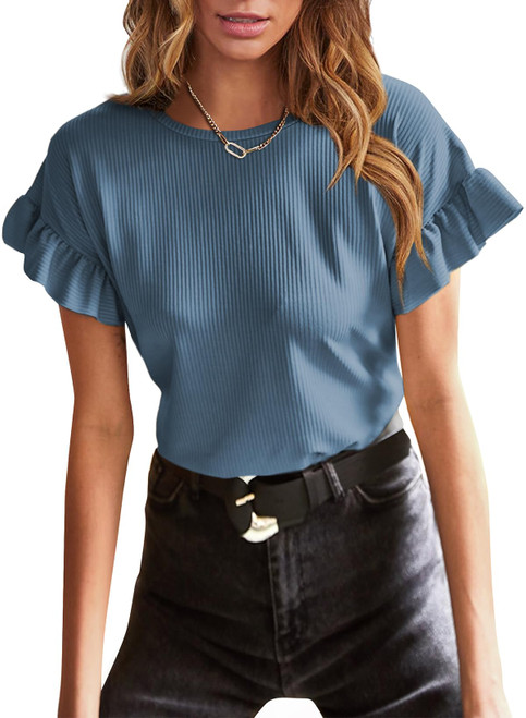 EVALESS Womens Summer Blouses 2024 Fashion Trendy Casual Crewneck Ruffle Short Sleeve Knit Tops Solid Loose Fit Tunic Shirts Clothes Blue X-Large EVALESS Womens Summer Blouses 2024 Fashion Trendy Casual Crewneck Ruffle Short Sleeve Knit Tops Solid Loose Fit Tunic Shirts Clothes Blue X-Large