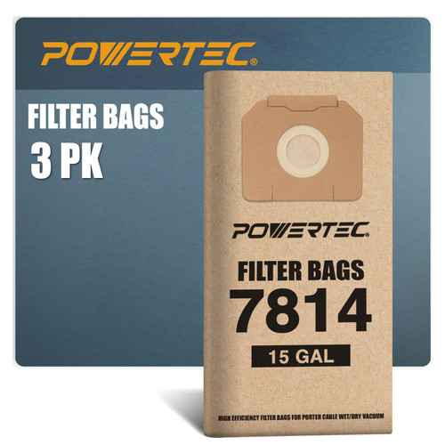 POWERTEC 75027 Filter Bags for PORTER CABLE 78141 Fits 7814 Power Tool Triggered Vacuum, 3PK