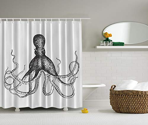 Ambesonne Extra Long Shower Curtain Octopus Nautical Decor, Octopus Kraken Tentacles Ocean Monster Polyester Fabric Bathroom, 84 Inches, Gray Black