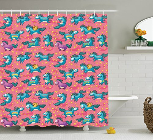 Ambesonne Magic Home Decor Collection, Mythical Flying Unicorns with Wings Rainbows and Stars Pattern Nursery Themed Girls Room , Polyester Fabric Bathroom Shower Curtain, 84 Inches Extra Long, Multi