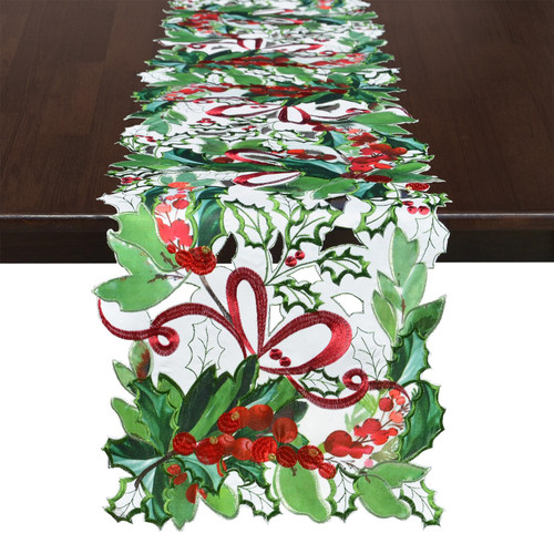 Grelucgo Embroidered Christmas Holiday Holly Leaves Table Runner (14x70 inches)