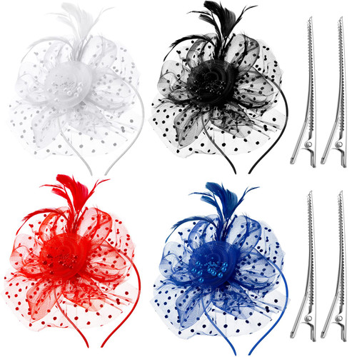 4 Pieces Fascinators Hat Flower Mesh Fascinators for Women Girls Tea Party Wedding Feather Headband Cocktail Hair Clip 4 Pieces Fascinators Hat Flower Mesh Fascinators for Women Girls Tea Party Wedding Feather Headband Cocktail Hair Clip