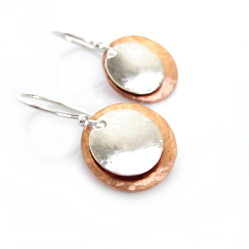 Mixed Metal Copper & Sterling Silver Earrings, Small Recycled Metal Hand Hammered Copper Dangle Earrings, Petite Circle Round Minimalist Boho Upcycled Jewelry