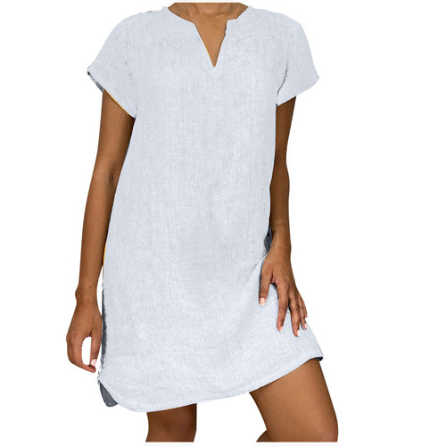 LFEOOST Womens Summer Dresses 2022 Casual Solid Short Sleeve V Neck Shift Dress Plus Size Cotton Linen Vacation Mini Dress White LFEOOST Womens Summer Dresses 2022 Casual Solid Short Sleeve V Neck Shift Dress Plus Size Cotton Linen Vacation Mini Dress White
