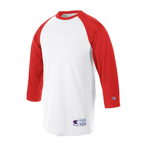 Champion Men`s Raglan Baseball T-Shirt, L-White/Scarlet
