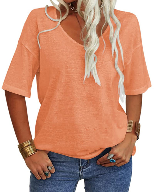 Tankaneo Women's 3/4 Sleeve Shirts V Neck Loose Fitting Tops Casual Solid Color Tshirts Trendy Basic Tunic Summer Ladies Tops Orange