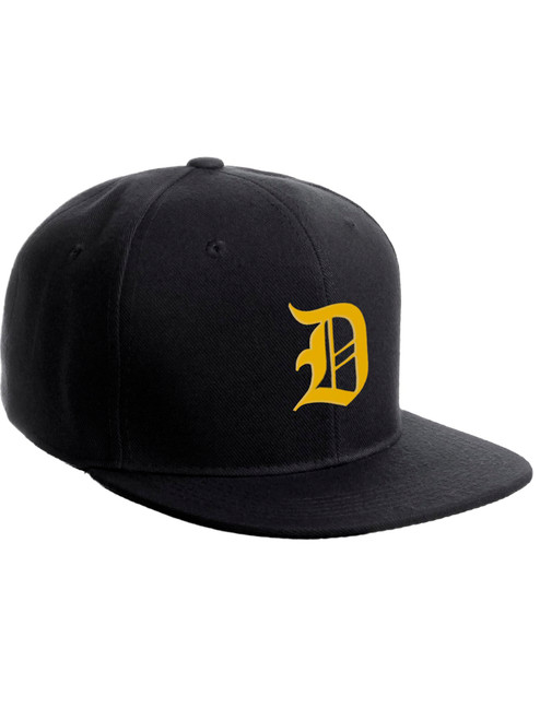 Daxton Classic Snapback Hat Old English Font Alphabet A to Z Flat Bill Visor Cap, Black Hat, Gold D