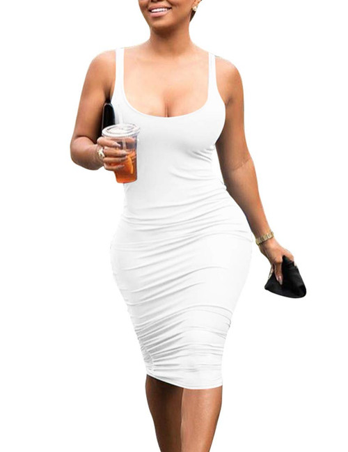 Mokoru Women's Casual Basic Pencil Tank Dress Sexy Sleeveless Bodycon Midi Club Dress, XX-Large, White