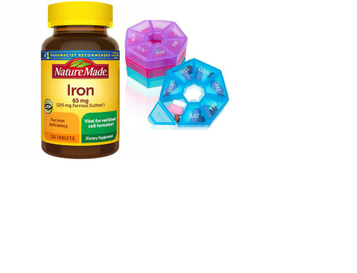 Nature Made Iron 65 mg (325 mg Ferrous Sulfate) Tablets, Dietary Supplement for Red Blood Cell Support, 365 Tablets, 365 Day Supply Bunde with Weekly Pill Organizer Nature Made Iron 65 mg (325 mg Ferrous Sulfate) Tablets, Dietary Supplement for Red Blood Cell Support, 365 Tablets, 365 Day Supply Bunde with Weekly Pill Organizer