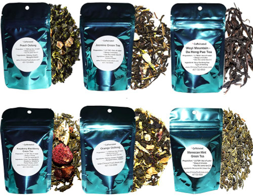 6 Green Tea and Oolong Tea Samplers, Caffeinated, Jasmine Green Tea, Raspberry Blackberry Tea, Peach Oolong, Orange Oolong, Moroccan Mint Tea, Wuyi Da Hong Pao, Loose Leaf Tea