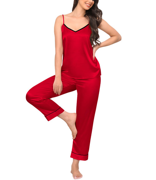 SWOMOG Women's Satin Pajama Cami Set Sexy Lingerie Silky Sleepwear Nightwear 2 Piece Pj Sets Red