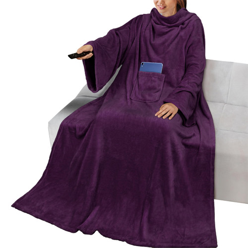 PAVILIA Wearable Blanket with Sleeves for Adults Women Men, Purple Fleece Soft Warm Full Body Wrap Throw, Front Pocket, Cozy Robe Blanket with Arm, Gifts for Christmas, Mom Wife