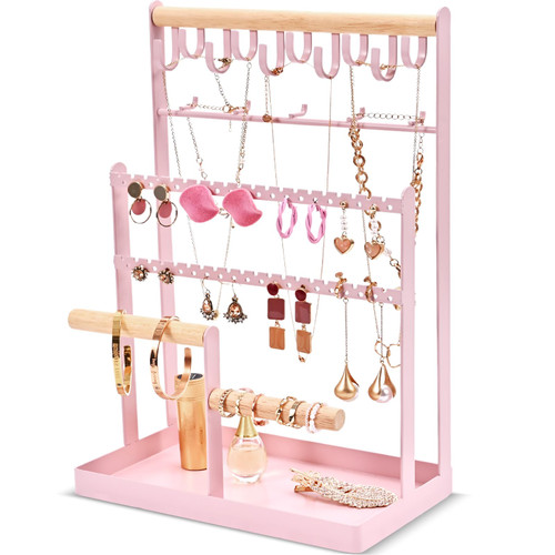 Lolalet Jewelry Holder Organizer Jewelry Stand, 6 Tier Jewelry Rack Necklace Holder Organizer with 15 Hooks and Bottom Tray, Jewelry Tower Display Storage Tree for Bracelets Earrings Rings -Pink