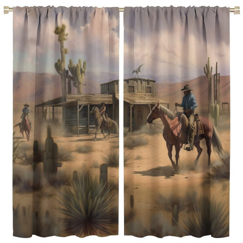 Western Cowboy Decor Curtain,Vintage Farmhouse Country Western Desert Cowboy Horse Cactus Home Decor Windows Rod Pocket Curtains for Cafe Bedroom Kitchen Living Room Drapes 42x45 Inch