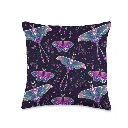Boho Witchy Luna Moth Aesthetic Cottagecore Purple Butterfly Luna Moth Moon Botanical Celestial Pattern Throw Pillow, 16x16, Multicolor