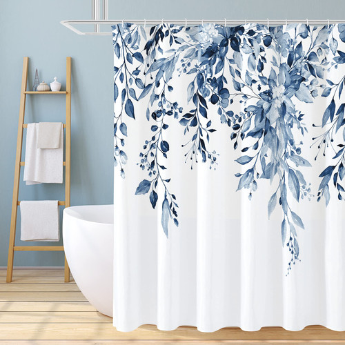 Gibelle Navy Blue Eucalyptus Shower Curtain, Watercolor Plant Leaves with Floral Bathroom Shower Curtain Set with Hooks, 72x72 Gibelle Navy Blue Eucalyptus Shower Curtain, Watercolor Plant Leaves with Floral Bathroom Shower Curtain Set with Hooks, 72x72