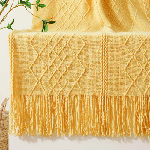 BATTILO HOME Mustard Yellow Throw Blanket for Couch, Decorative Gold Throw Blankets, Boho Knit Throw for Sofa Bed, Fall Throw Blanket, 50"x60"