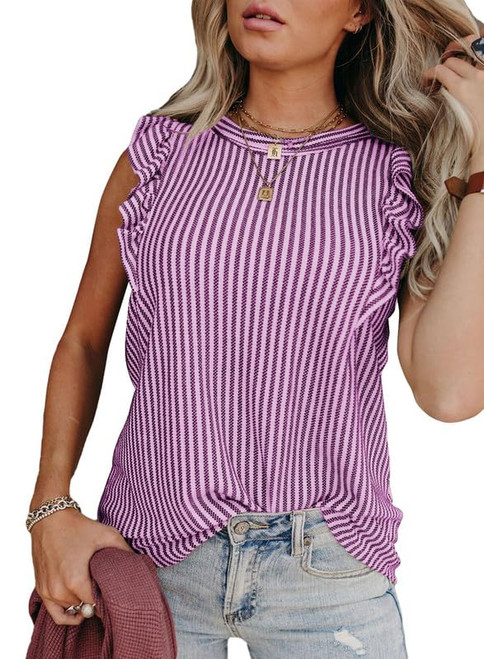 SHEWIN Womens Tank Tops Summer Casual Crewneck Ruffle Sleeveless Shirts for Women 2024 Trendy Top,(US 8-10) M,Purple