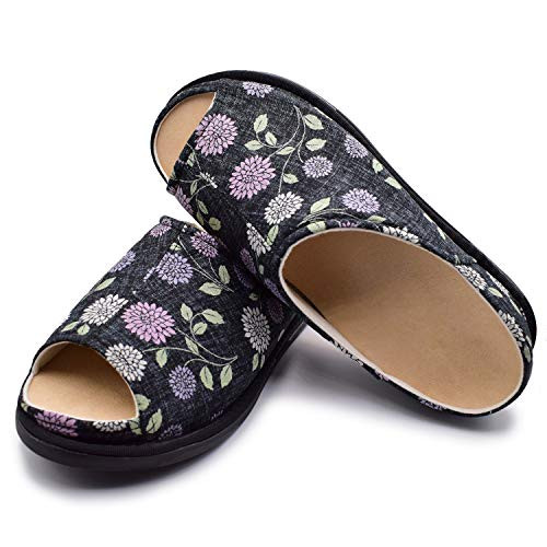 W&Le-Slippers Women's Extra Wide Adjustable Diabetic Slippers, Arthritis Edema Shoes-Detachable Insole (Women 5-7.5#, Black)