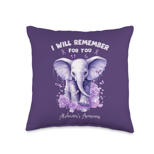 Purple Elephant Dementia Alzheimer Awareness Month Elephant I Will Remember for You Alzheimer's Awareness ALZ Throw Pillow, 16x16, Multicolor