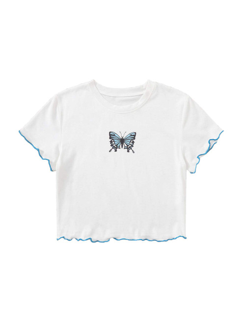 SweatyRocks Women's Basic Butterfly Print Crop Top Short Sleeve Round Neck Tee T-Shirt White M