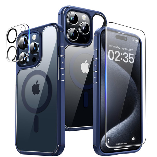 TAURI 5 in 1 Magnetic Case for iPhone 15 Pro Max [Military Grade Drop Protection] with 2X Screen Protector + 2X Camera Lens Protector, Transparent Slim Fit for iPhone 15 ProMax Case Mag-Safe-Blue