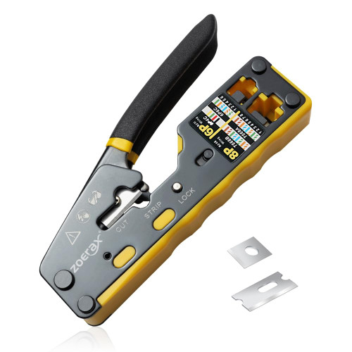 ZoeRax RJ45 Crimp Tool Pass Through Ethernet Crimping Tool for Cat6 Cat5 Cat5e RJ45 Connectors with Replacement Blade