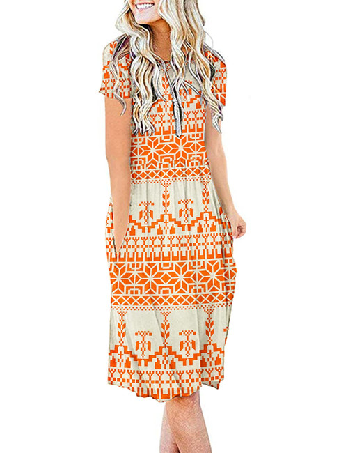 AUSELILY Women's Short Sleeve Pockets Empire Waist Loose Swing Casual Flare Print Floral Pleated Dress(XL,Orange Flower) AUSELILY Women's Short Sleeve Pockets Empire Waist Loose Swing Casual Flare Print Floral Pleated Dress(XL,Orange Flower)