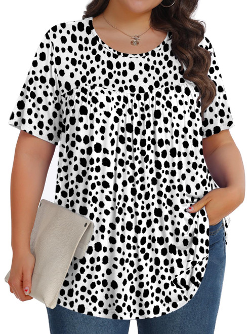 Womens Plus Size Tops Tunic Short Sleeve Crew Neck Shirts Casual Soft Blouse Polka Dots 5X