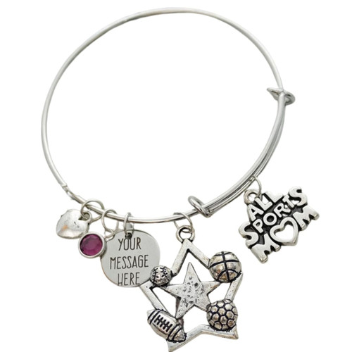 Personalized All Star Sports Mom Adjustable Wire Bangle Charm Stainless Steel Custom Bracelet - Great Gift for Baseball Moms and Fans
