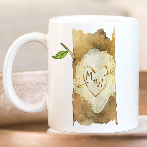 Personalized Initials Carved On Tree Coffee Mug Monogram Custom Couple Ceramic Cup Microwave and Dishwasher Safe
