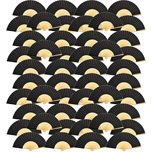 Bememo Hand Held Fans Silk Bamboo Folding Fans Handheld Folded Fan for Church Wedding Gift, Party Favors, DIY Decoration (Black, 48 Pack)