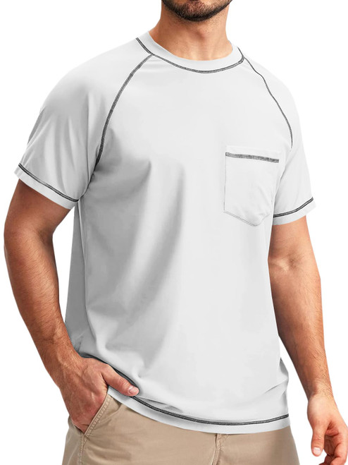 Runcati Mens Short Sleeve Swim Shirts Rash Guard UPF 50+ UV Sun Protection Beach Fishing Quick Dry T-Shirt White