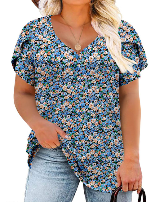 ROSELINLIN Womens Plus Size Floral Tunic Top Short Sleeve Orange Blue T Shirts V Neck Petal Sleeve Summer Tops XXL