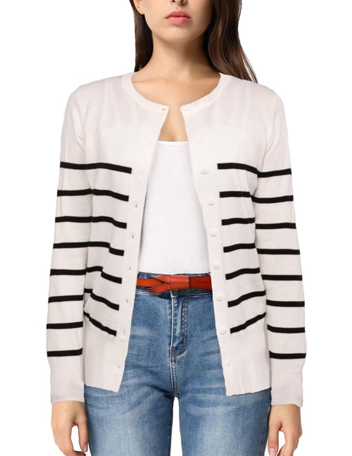 GRACE KARIN Black and White Striped Cardigan Sweaters for Women Long Sleeve Button Down Knit Cardigans M