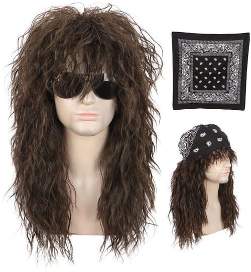 karlery 70s 80s Brown Mullet Wig with Bandana Punk Rocker Metal Wig Eddie Wig Long Curly Brown Party Halloween Costume Wig