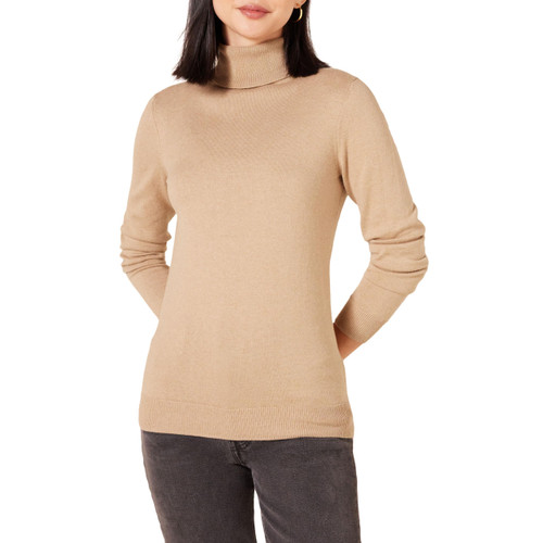 Amazon Essentials Women's Classic-Fit Lightweight Long-Sleeve Turtleneck Sweater (Available in Plus Size), Camel Heather, Small