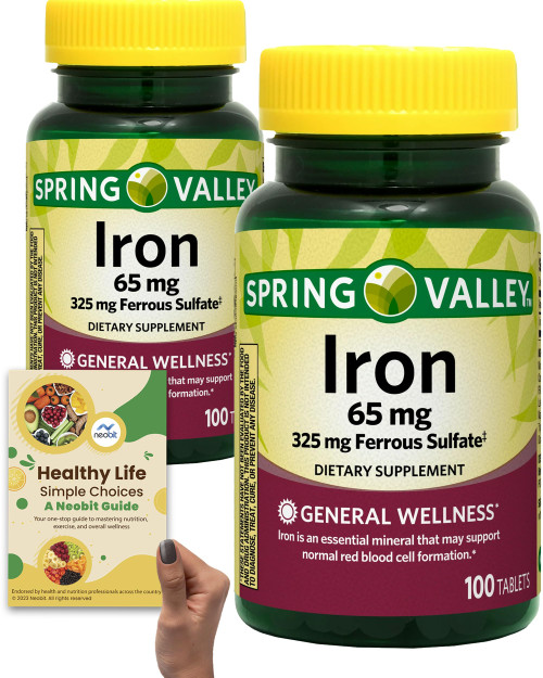 Spring Valley Iron 65 mg, 325 mg Ferrous Sulfate, 100 Tablets (Pack of 2) - Boosted Red Blood Cell Formation, Dietary Aid, Supports General Health - Bundle with 'Healthy Life, Simple Choices' Guide Spring Valley Iron 65 mg, 325 mg Ferrous Sulfate, 100 Tablets (Pack of 2) - Boosted Red Blood Cell Formation, Dietary Aid, Supports General Health - Bundle with 'Healthy Life, Simple Choices' Guide