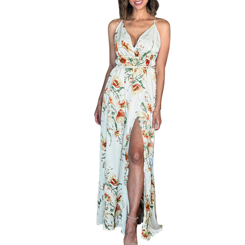 Womens Sexy Spaghetti Strap Deep V Neck Floral Boho Split Party Long Maxi Dress Evening Dresses for Women Elegant White Womens Sexy Spaghetti Strap Deep V Neck Floral Boho Split Party Long Maxi Dress Evening Dresses for Women Elegant White