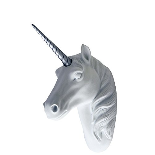 Smarten Arts Animal Head Wall Decor, White Faux Furry/Felt/Velvety Resin Unicorn Head with Silver Horn For Wall Mount Decoration, Size 5" x 8" x 13" by