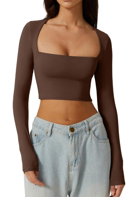 QINSEN Women's Sexy Square Neck Crop Top Long Sleeve Slim Fit Cropped T Shirts Coffee Bean XL QINSEN Women's Sexy Square Neck Crop Top Long Sleeve Slim Fit Cropped T Shirts Coffee Bean XL