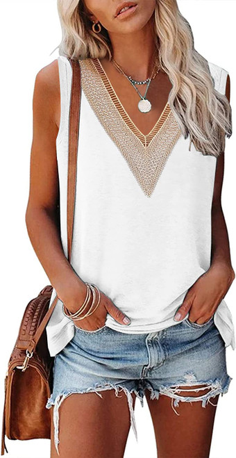 White Tank Tops for Women Summer V Neck Lace Sleeveless Shirts Loose Fit Casual Blouse White Tank Tops for Women Summer V Neck Lace Sleeveless Shirts Loose Fit Casual Blouse