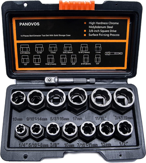 PANOVOS Screw Bolt Nuts Extractor Socket Set, 14 Pieces Impact Bolt & Nut Remover Set, Stripped Lug Nut Remover, Extraction Set for Removing Damaged, Frozen, Rusted, Rounded-Off Bolts, Nuts & Screws PANOVOS Screw Bolt Nuts Extractor Socket Set, 14 Pieces Impact Bolt & Nut Remover Set, Stripped Lug Nut Remover, Extraction Set for Removing Damaged, Frozen, Rusted, Rounded-Off Bolts, Nuts & Screws