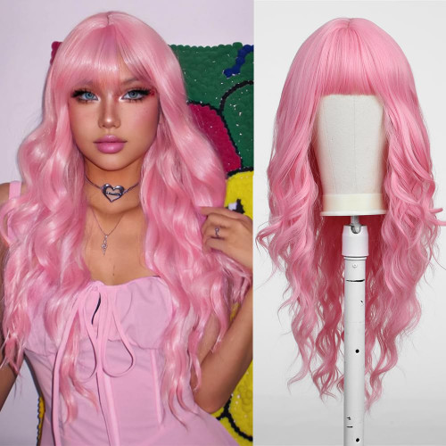 Pink Wig with Bangs for Women Long Pink Curly Wavy Wigs Synthetic Hair Heat Resistant Fiber Wigs for Girls Halloween Party Use Pink Wig with Bangs for Women Long Pink Curly Wavy Wigs Synthetic Hair Heat Resistant Fiber Wigs for Girls Halloween Party Use